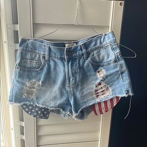 Distressed Denim Shorts with American Flag Accents